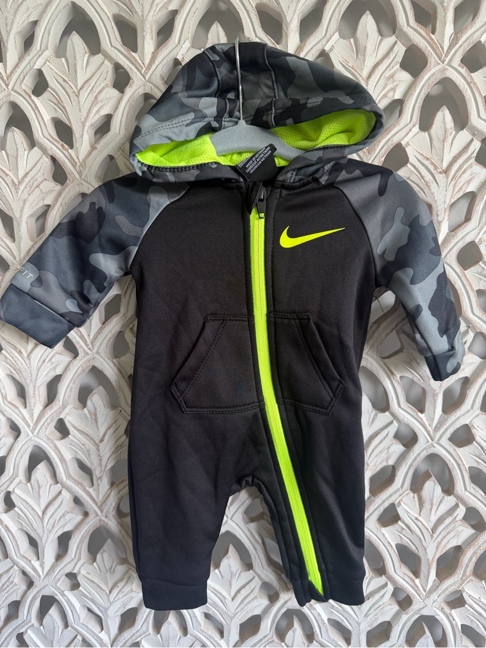 Nike Dri-FIT Newborn Hooded One Piece Camo Neon Zip Romper